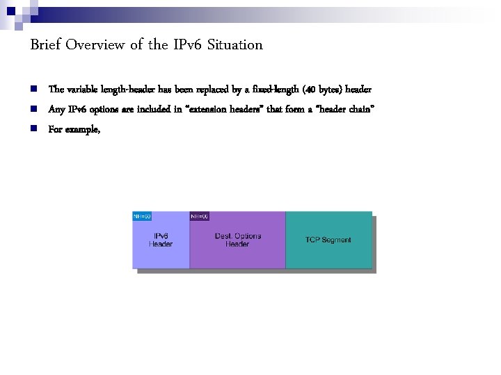 Brief Overview of the IPv 6 Situation The variable length-header has been replaced by