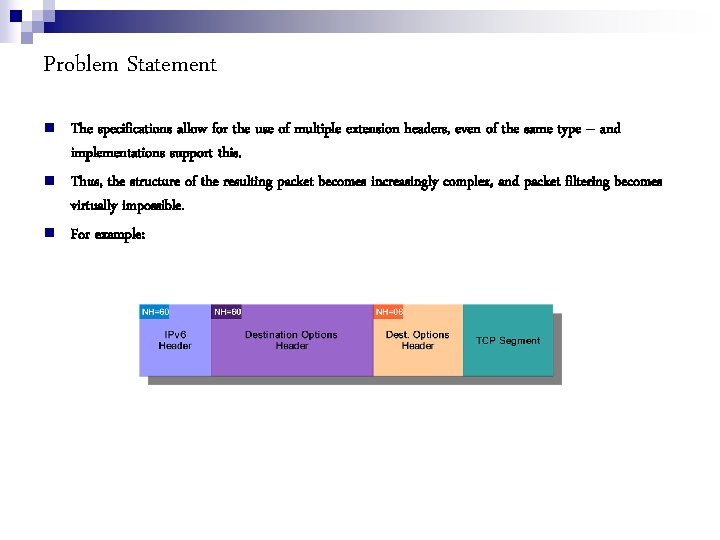 Problem Statement The specifications allow for the use of multiple extension headers, even of