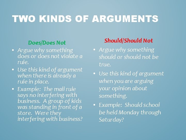 TWO KINDS OF ARGUMENTS Does/Does Not • Argue why something does or does not