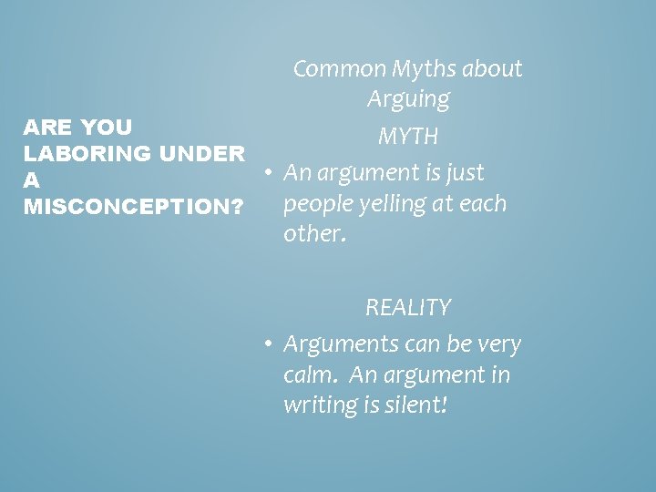 Common Myths about Arguing ARE YOU MYTH LABORING UNDER • An argument is just