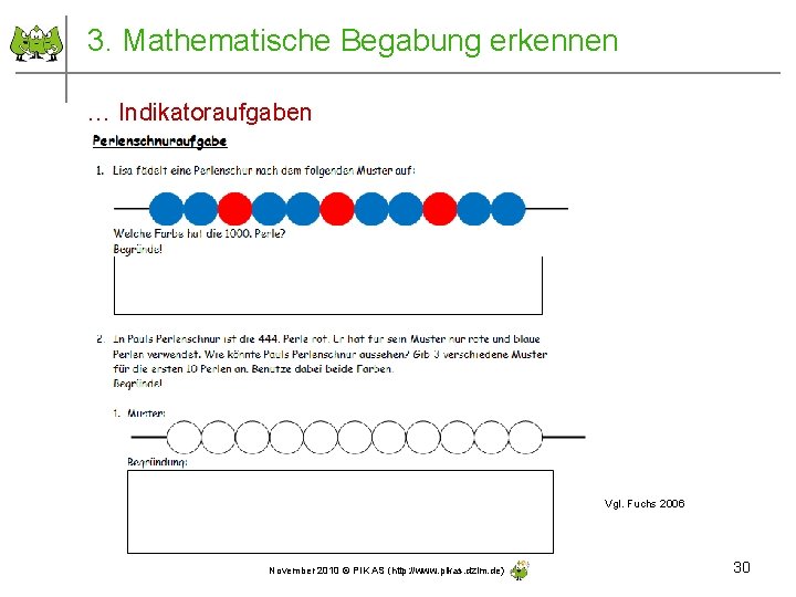 3. Mathematische Begabung erkennen … Indikatoraufgaben Vgl. Fuchs 2006 November 2010 © PIK AS