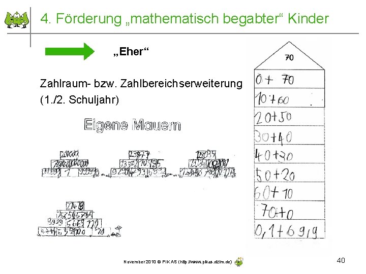 4. Förderung „mathematisch begabter“ Kinder „Eher“ Zahlraum- bzw. Zahlbereichserweiterung (1. /2. Schuljahr) November 2010