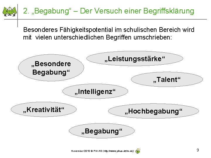 2. „Begabung“ – Der Versuch einer Begriffsklärung Besonderes Fähigkeitspotential im schulischen Bereich wird mit