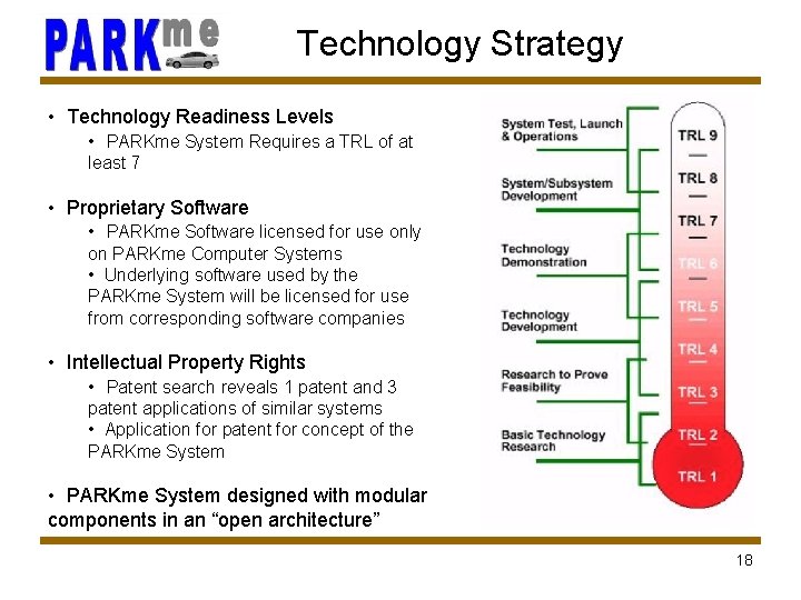 Technology Strategy • Technology Readiness Levels • PARKme System Requires a TRL of at