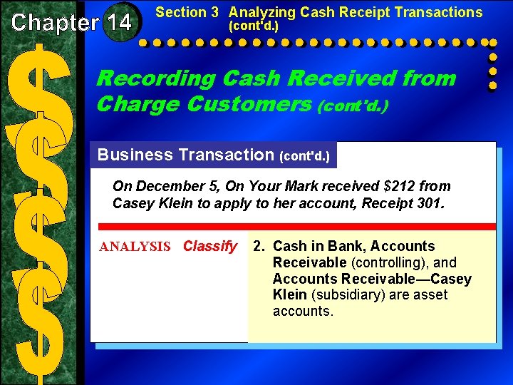 Section 3 Analyzing Cash Receipt Transactions (cont'd. ) Recording Cash Received from Charge Customers