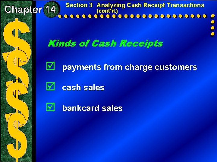 Section 3 Analyzing Cash Receipt Transactions (cont'd. ) Kinds of Cash Receipts þ payments