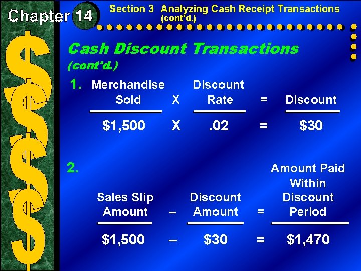 Section 3 Analyzing Cash Receipt Transactions (cont'd. ) Cash Discount Transactions (cont'd. ) 1.