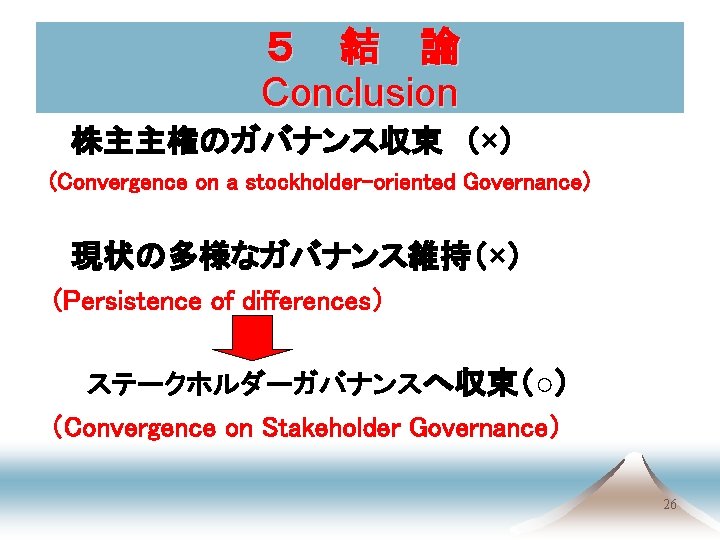 ５　結　論 Conclusion 　株主主権のガバナンス収束　（×） (Convergence on a stockholder-oriented Governance) 　現状の多様なガバナンス維持（×） （Persistence of differences） 　　ステークホルダーガバナンスへ収束（○） （Convergence