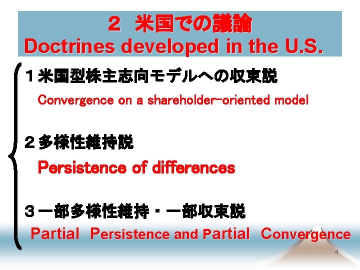 ２　米国での議論 Doctrines developed in the U. S. 　 １米国型株主志向モデルへの収束説 　Convergence on a shareholder-oriented model　