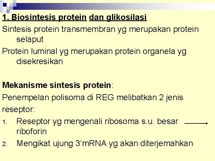1. Biosintesis protein dan glikosilasi Sintesis protein transmembran yg merupakan protein selaput Protein luminal
