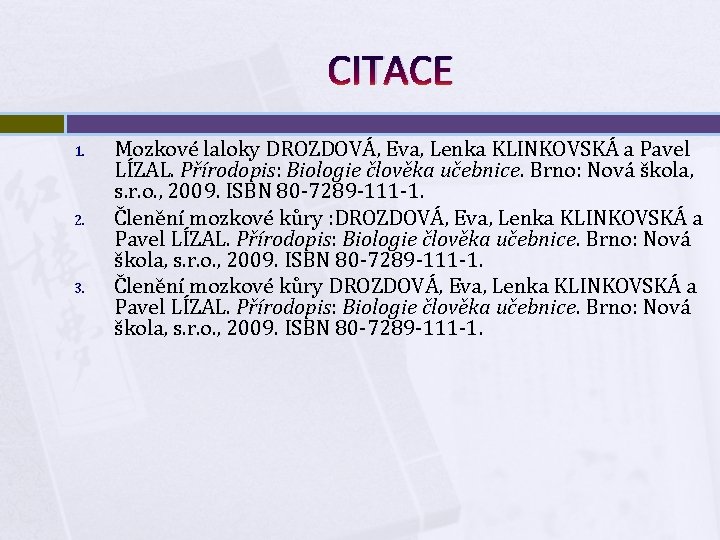 CITACE 1. 2. 3. Mozkové laloky DROZDOVÁ, Eva, Lenka KLINKOVSKÁ a Pavel LÍZAL. Přírodopis: