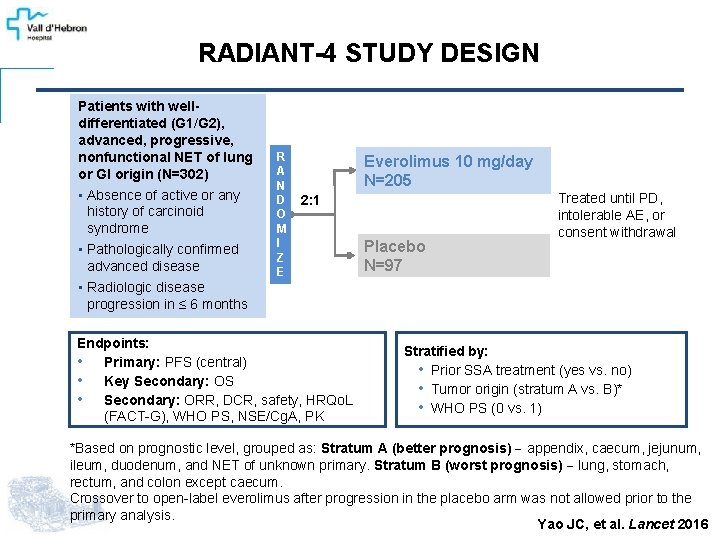 RADIANT-4 STUDY DESIGN Patients with welldifferentiated (G 1/G 2), advanced, progressive, nonfunctional NET of