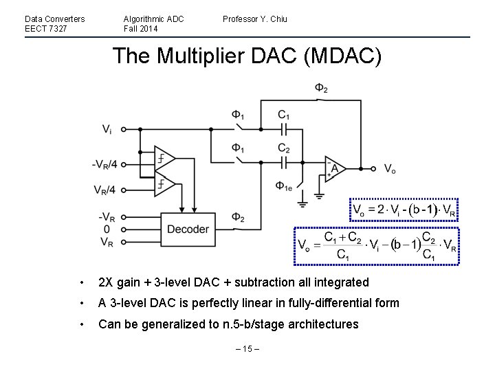 Data Converters EECT 7327 Algorithmic ADC Fall 2014 Professor Y. Chiu The Multiplier DAC