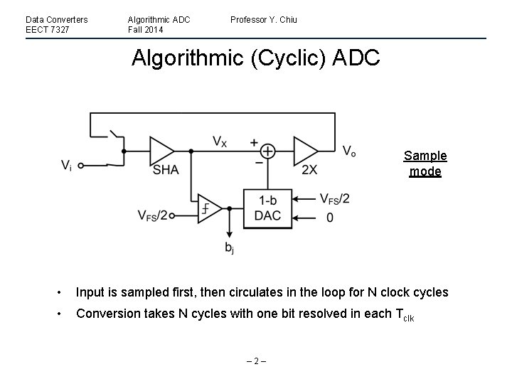 Data Converters EECT 7327 Algorithmic ADC Fall 2014 Professor Y. Chiu Algorithmic (Cyclic) ADC