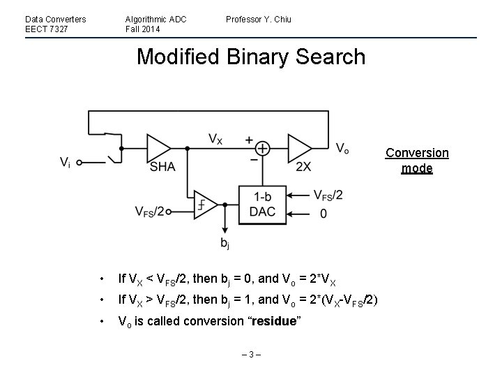 Data Converters EECT 7327 Algorithmic ADC Fall 2014 Professor Y. Chiu Modified Binary Search