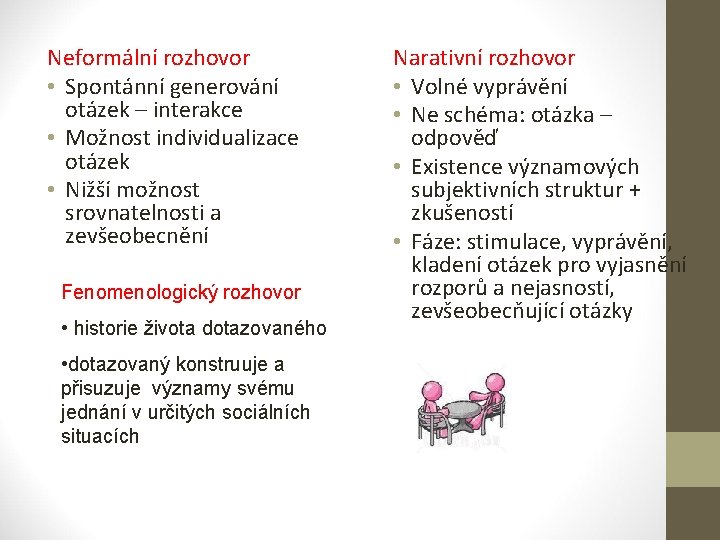 Neformální rozhovor • Spontánní generování otázek – interakce • Možnost individualizace otázek • Nižší