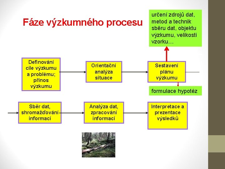Fáze výzkumného procesu Definování cíle výzkumu a problému; přínos výzkumu Orientační analýza situace Sběr