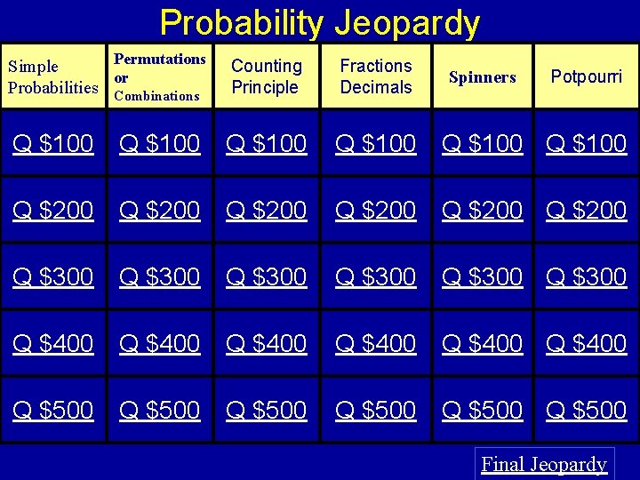 Probability Jeopardy Permutations Simple or Probabilities Combinations Counting Principle Fractions Decimals Spinners Potpourri Q