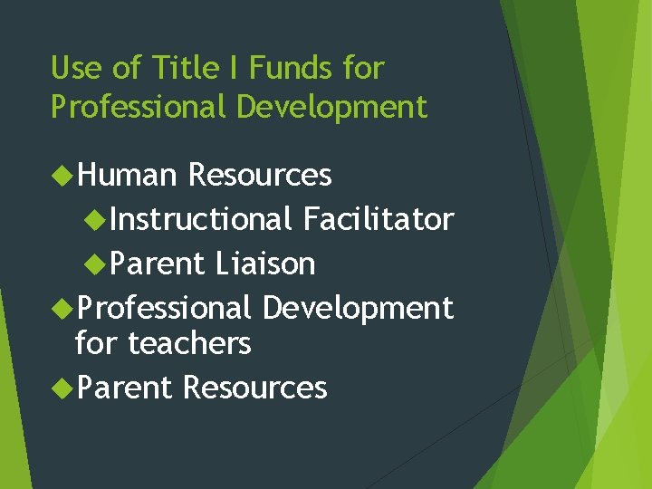 Use of Title I Funds for Professional Development Human Resources Instructional Facilitator Parent Liaison