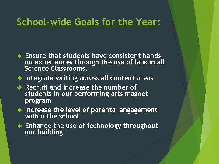 School-wide Goals for the Year: Ensure that students have consistent handson experiences through the