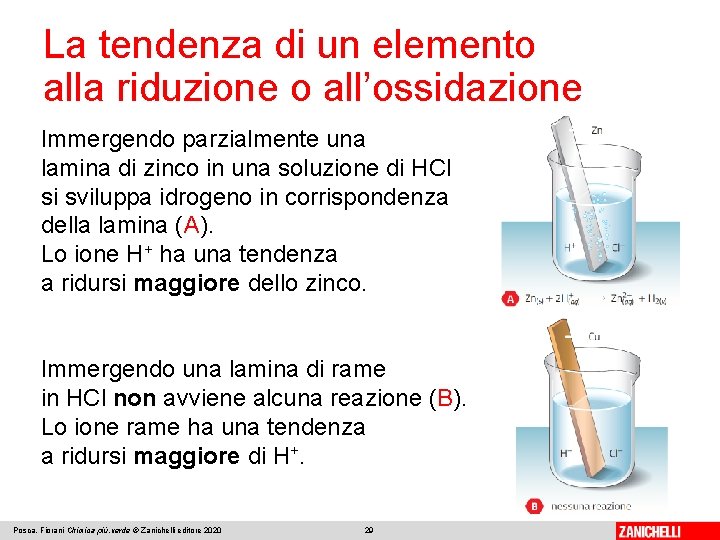 La tendenza di un elemento alla riduzione o all’ossidazione Immergendo parzialmente una lamina di