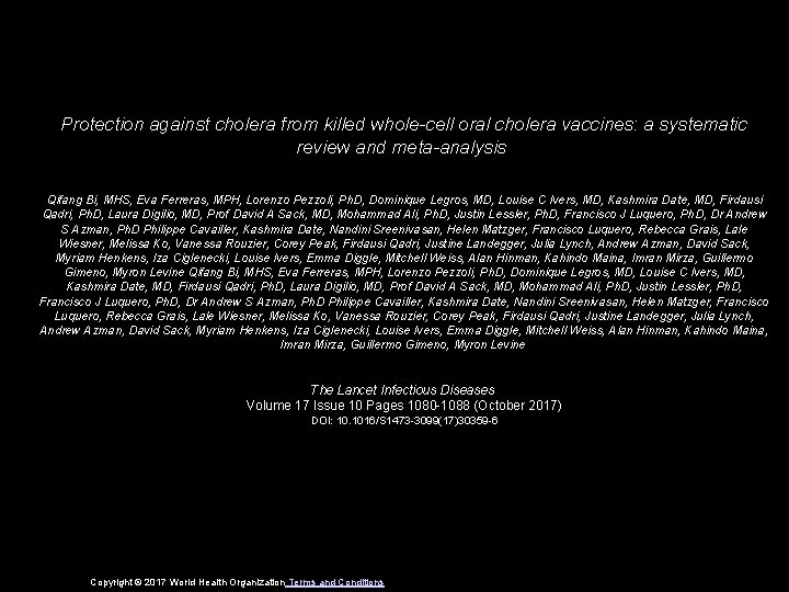 Protection against cholera from killed whole-cell oral cholera vaccines: a systematic review and meta-analysis