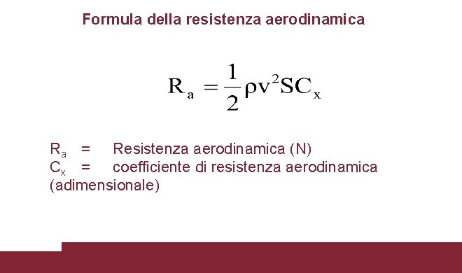 Formula della resistenza aerodinamica Ra = Resistenza aerodinamica (N) Cx = coefficiente di resistenza