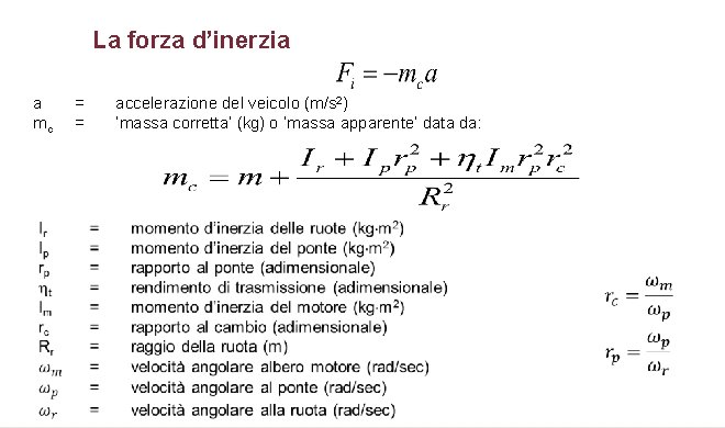 La forza d’inerzia a mc = = accelerazione del veicolo (m/s 2) ‘massa corretta’