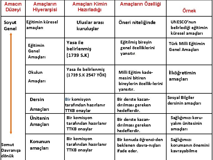 Amacın Düzeyi Soyut Genel Amaçların Hiyerarşisi Eğitimin küresel amaçları Uluslar arası kuruluşlar Eğitimin Genel