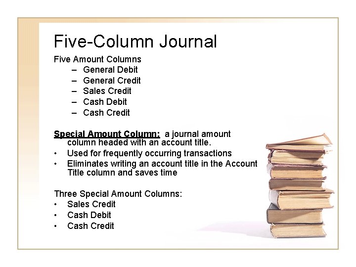 Five-Column Journal Five Amount Columns – General Debit – General Credit – Sales Credit