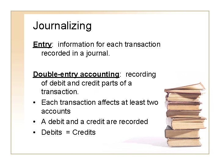 Journalizing Entry: information for each transaction recorded in a journal. Double-entry accounting: recording of