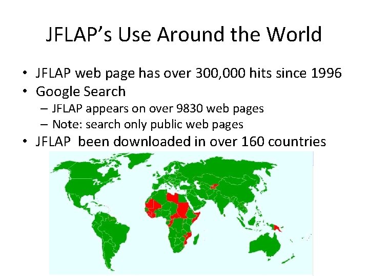 JFLAP’s Use Around the World • JFLAP web page has over 300, 000 hits