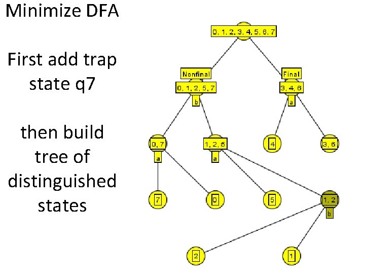 Minimize DFA First add trap state q 7 then build tree of distinguished states