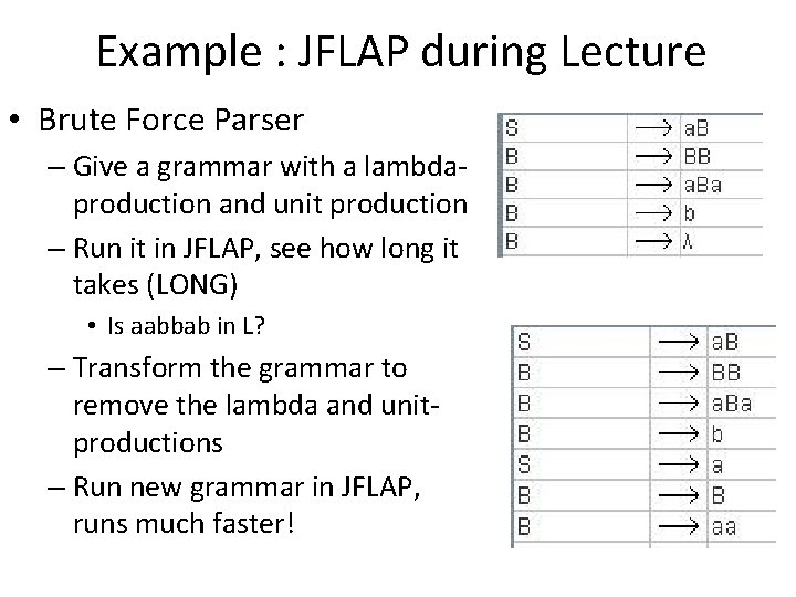 Example : JFLAP during Lecture • Brute Force Parser – Give a grammar with