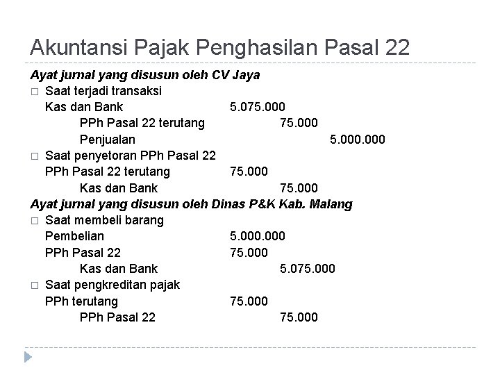 Akuntansi Pajak Penghasilan Pasal 22 Ayat jurnal yang disusun oleh CV Jaya � Saat