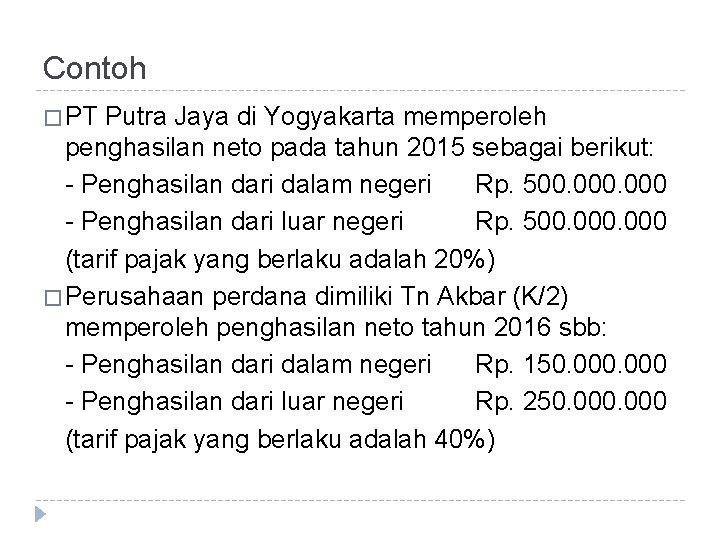 Contoh � PT Putra Jaya di Yogyakarta memperoleh penghasilan neto pada tahun 2015 sebagai