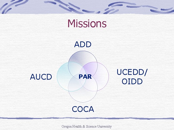 Missions ADD AUCD PAR COCA Oregon Health & Science University UCEDD/ OIDD 