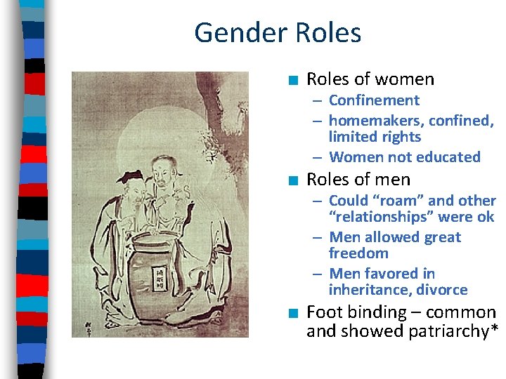 Gender Roles ■ Roles of women – Confinement – homemakers, confined, limited rights –