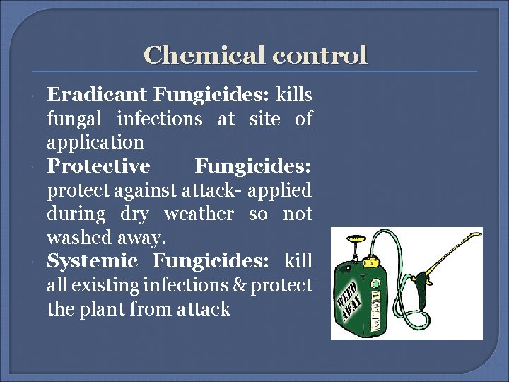 Chemical control Eradicant Fungicides: kills fungal infections at site of application Protective Fungicides: protect