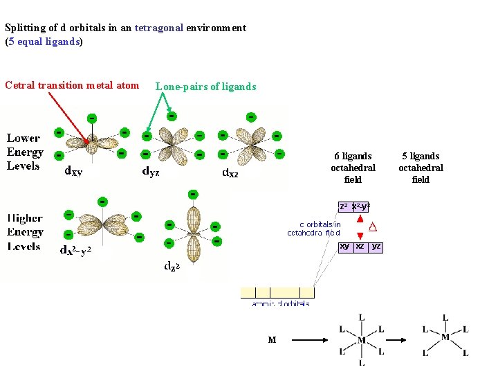 Splitting of d orbitals in an tetragonal environment (5 equal ligands) Cetral transition metal