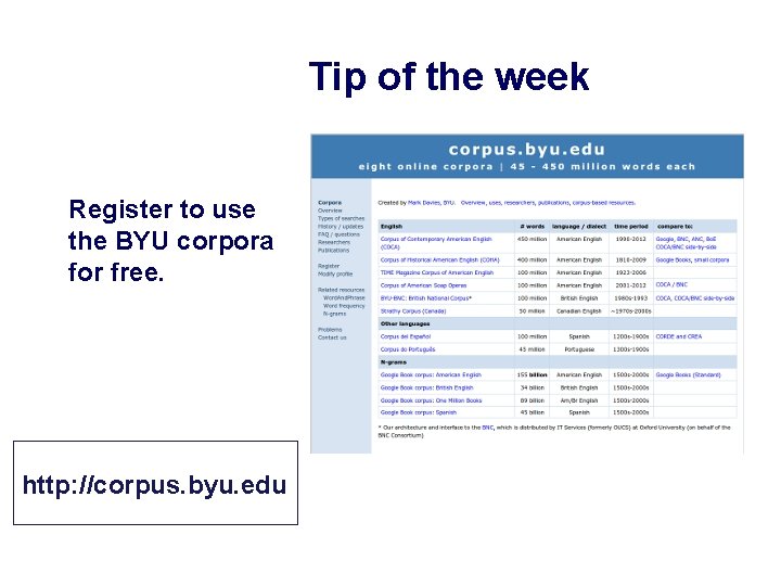 Tip of the week Register to use the BYU corpora for free. http: //corpus.