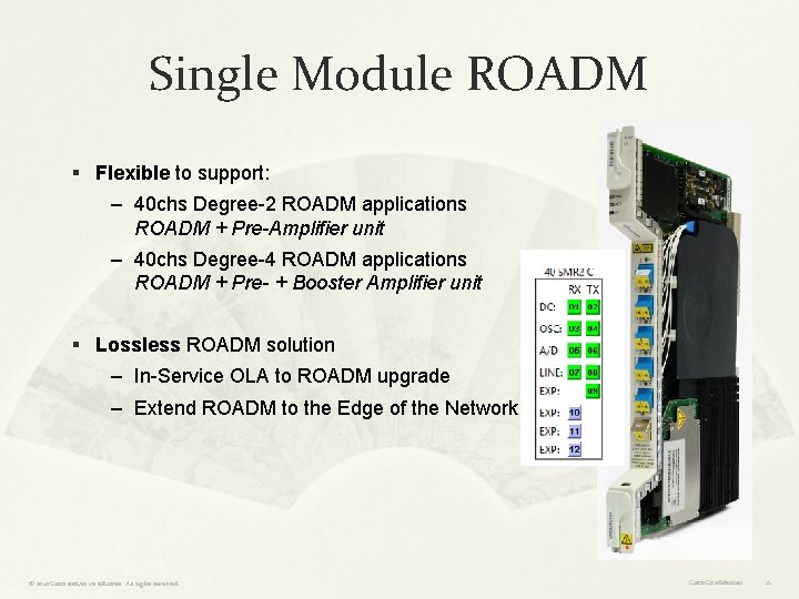 Single Module ROADM § Flexible to support: – 40 chs Degree-2 ROADM applications ROADM