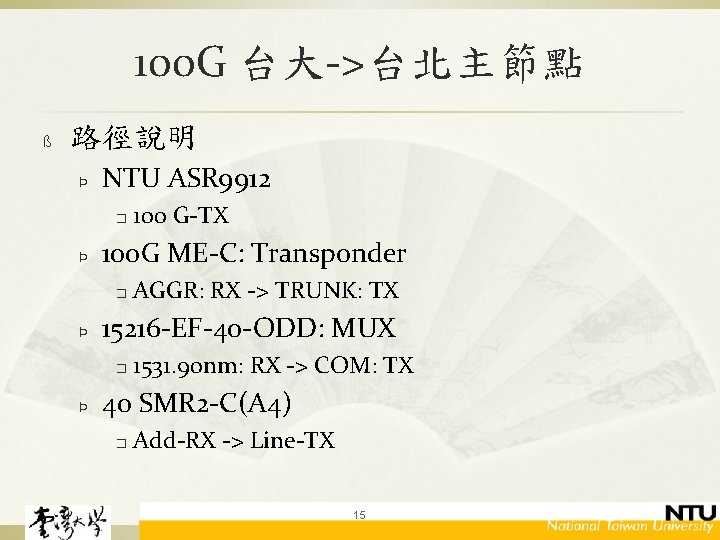 100 G 台大->台北主節點 ß 路徑說明 Þ NTU ASR 9912 � Þ 100 G ME-C: