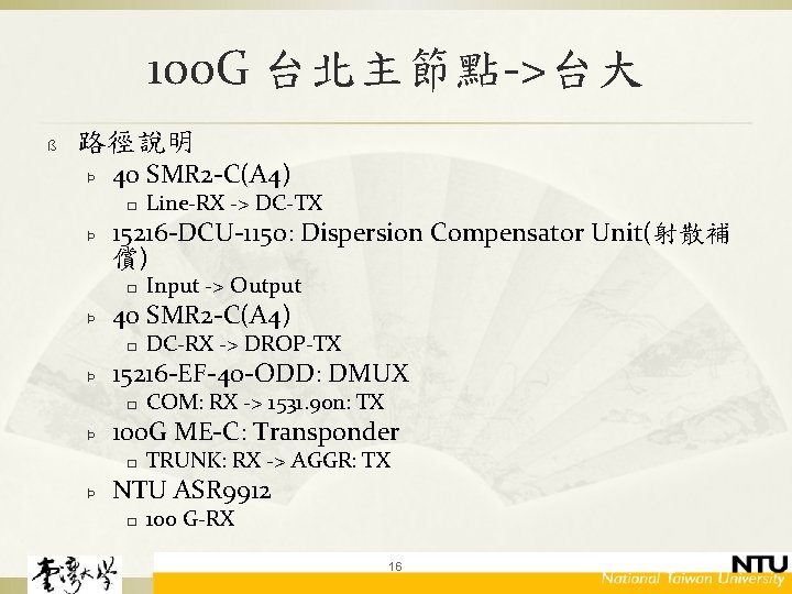 100 G 台北主節點->台大 ß 路徑說明 Þ 40 SMR 2 -C(A 4) � Þ 15216
