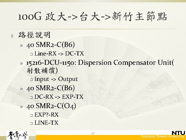 100 G 政大->台大->新竹主節點 ß 路徑說明 Þ 40 SMR 2 -C(B 6) � Þ 15216