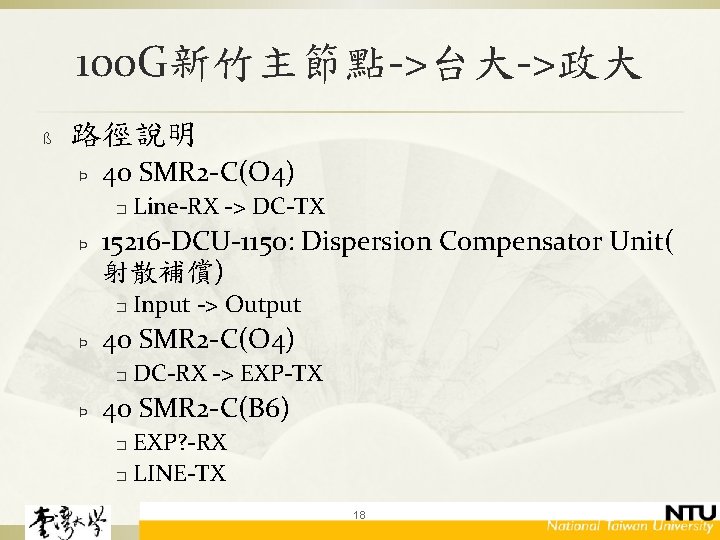 100 G新竹主節點->台大->政大 ß 路徑說明 Þ 40 SMR 2 -C(O 4) � Þ 15216 -DCU-1150: