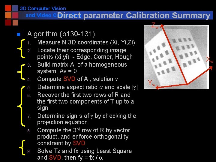 3 D Computer Vision and Video Computing Direct n parameter Calibration Summary Algorithm (p