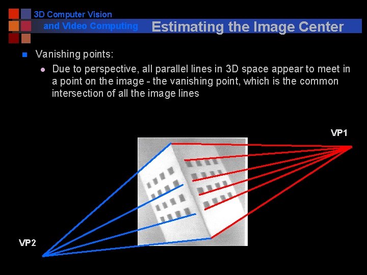 3 D Computer Vision and Video Computing n Estimating the Image Center Vanishing points: