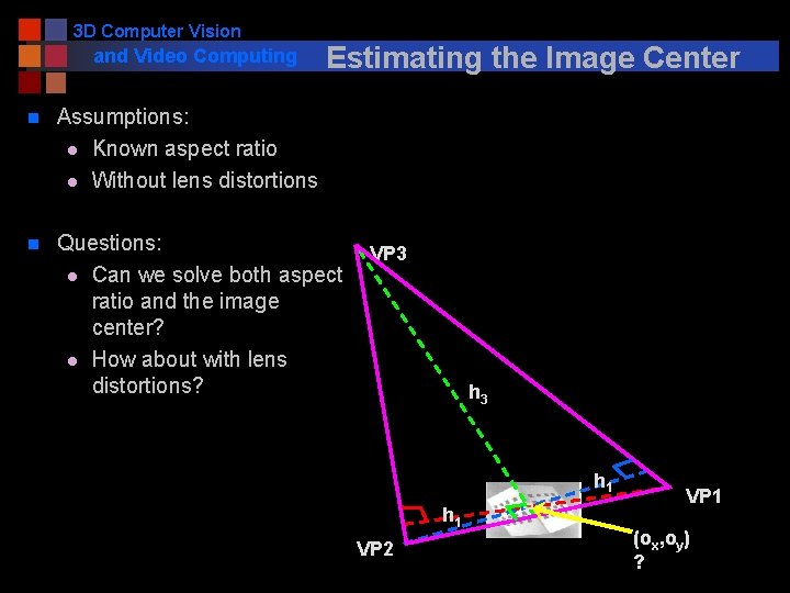 3 D Computer Vision and Video Computing Estimating the Image Center n Assumptions: l