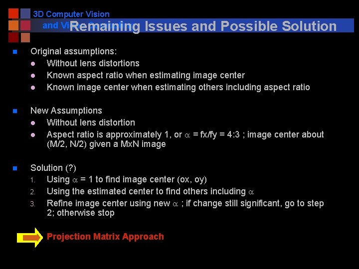 3 D Computer Vision and Video Computing Remaining Issues and Possible Solution n Original